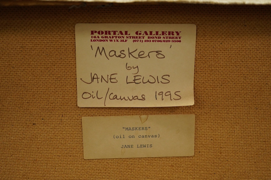 Jane Lewis (b.1953), oil on canvas, 'Maskers', unsigned, details verso, 99 x 75cm. Condition - fair to good, couple of very minor scuffs